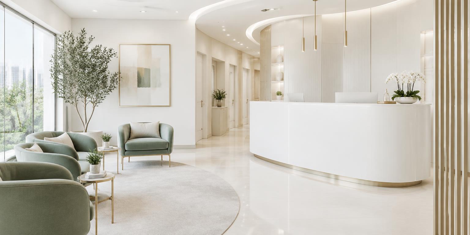Recepção da clínica, com poltronas e decoração clara
